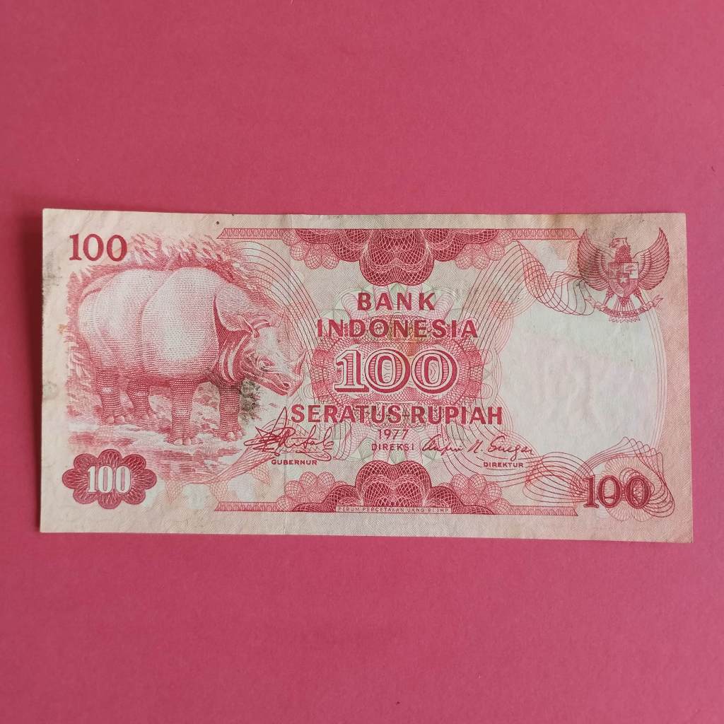 Uang Kuno Kertas Rp 100 Tahun 1977 Badak UK 013
