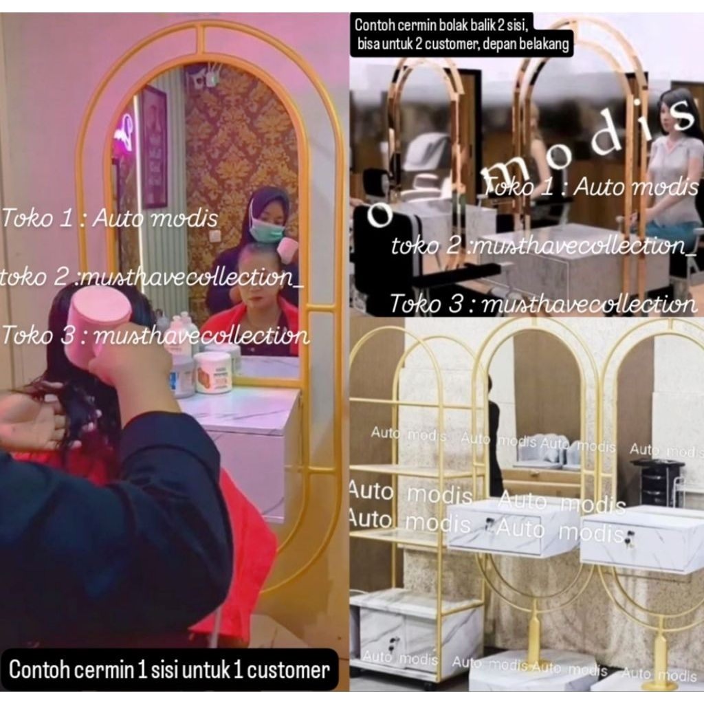 MEJA BARBER SALON RIAS TOLET DANDAN CERMIN MAKE UP POTONG RAMBUT EMAS RAK HIJAB DISPLAY INTERIOR BUT