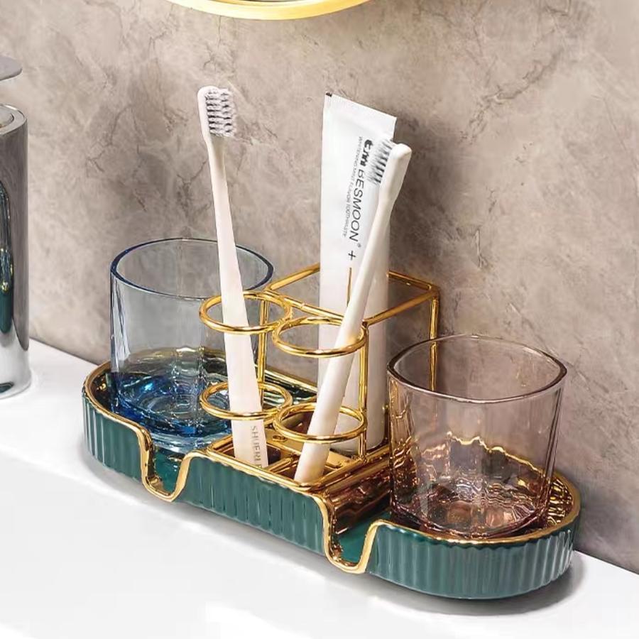 Tempat Sikat Gigi + Sabun Warna Hijau Putih Les Emas Gold Kamar Mandi Aksesoris Bathroom