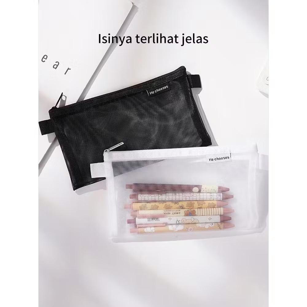 

kotak pensil/tas alat tulis/tempat pensil aesthetic/tas kosmetik/tas penyimpanan kapasitas besar jaring warna solid transparan sederhana/tempat kosmetik