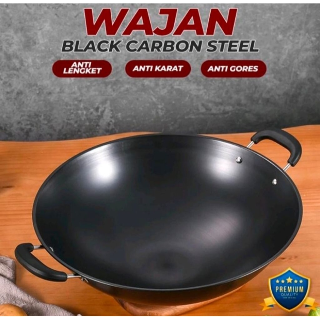 Wajan Penggorengan Kuali Besi Black Carbon Steel Anti Lengket 38cm