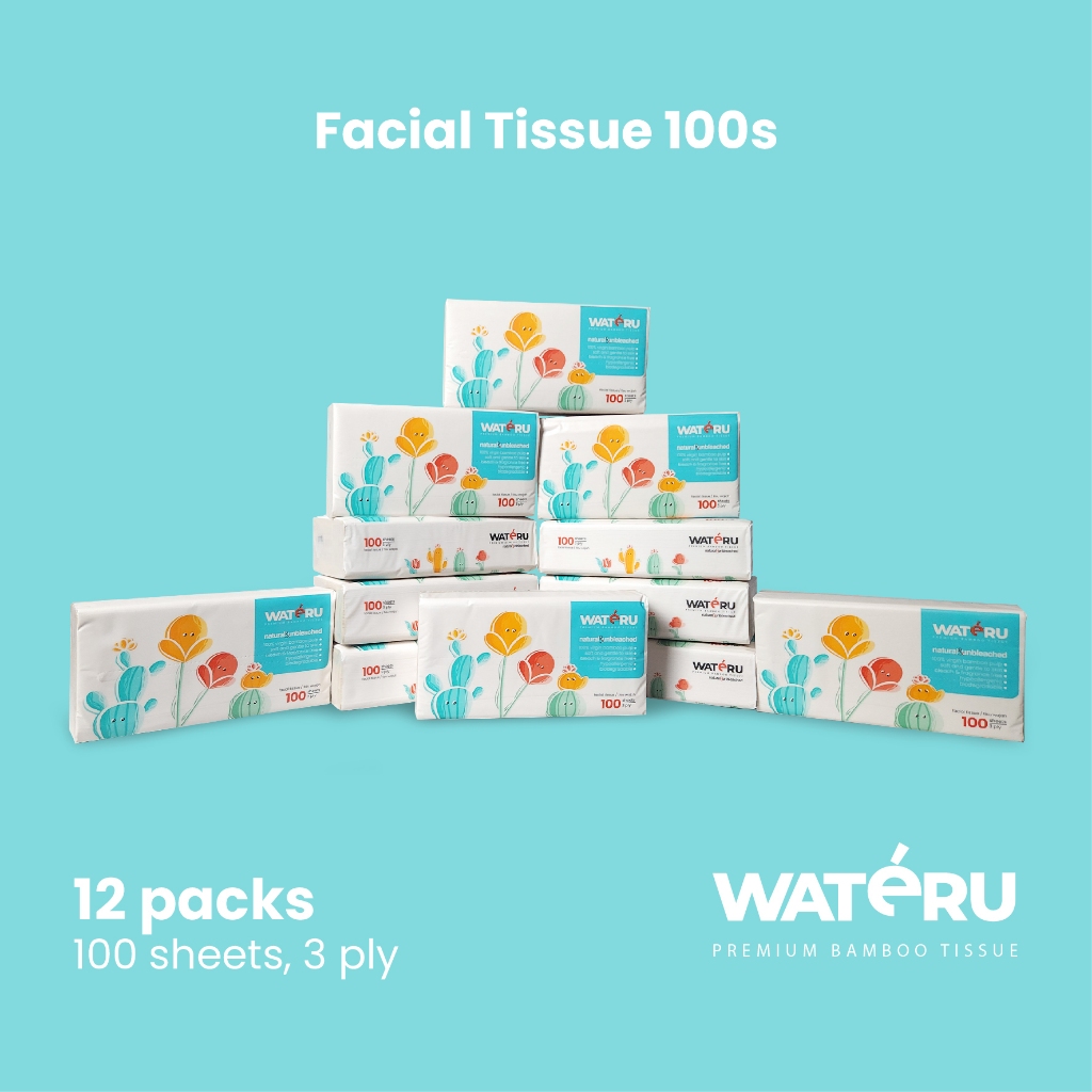 Wateru Facial Tissue 100s, 12 packs, 100 sheets, 3 ply | Natural & Unbleached | Wateru Premium Bambo