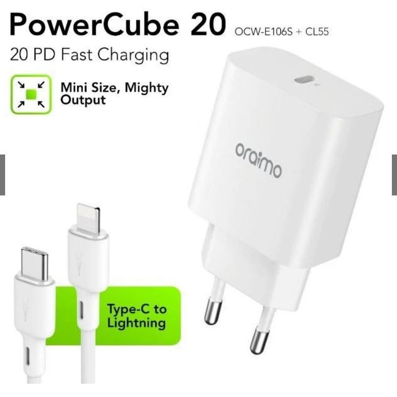 Oraimo Charger Travel 20W IPHONE CABLE Ultra Speed OCW-E106S+CC54 - OCW-E106S+CL55