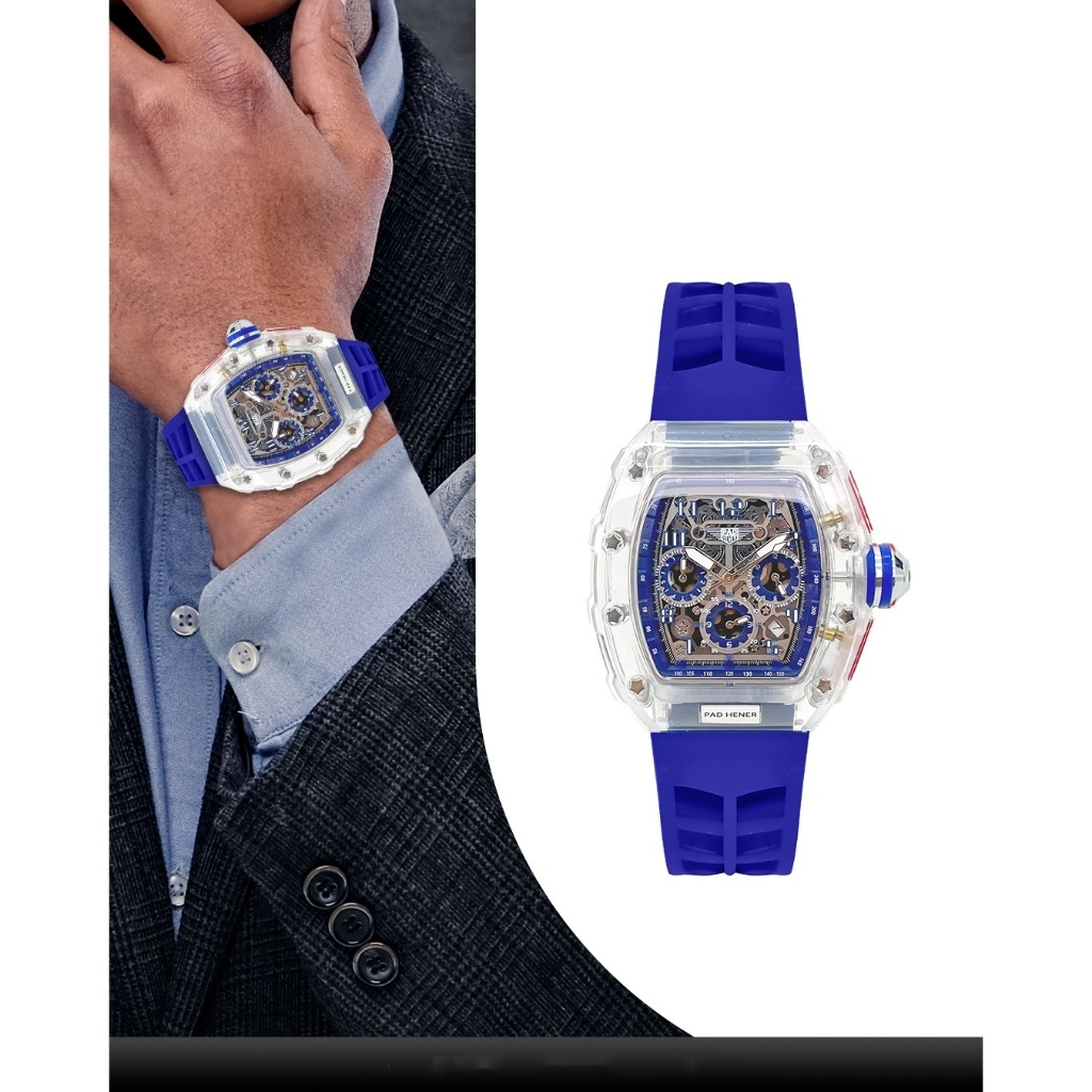 PAD HENER VASTIA Jam tangan pria modis berbentuk barel transparan tahan air kuarsa olahraga jam hadi