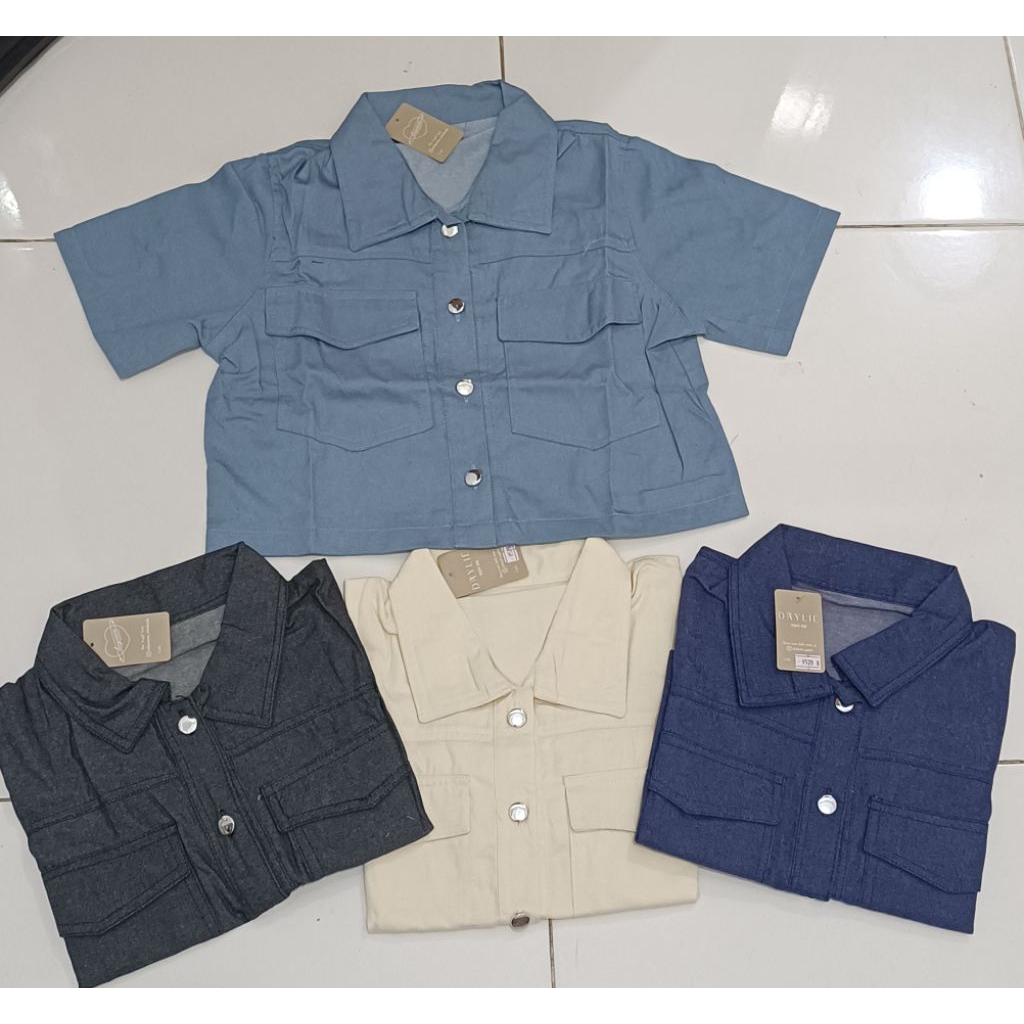 Kemeja Jeans Atasan Wanita Lengan Pendek/Kemeja Jeans Crop import