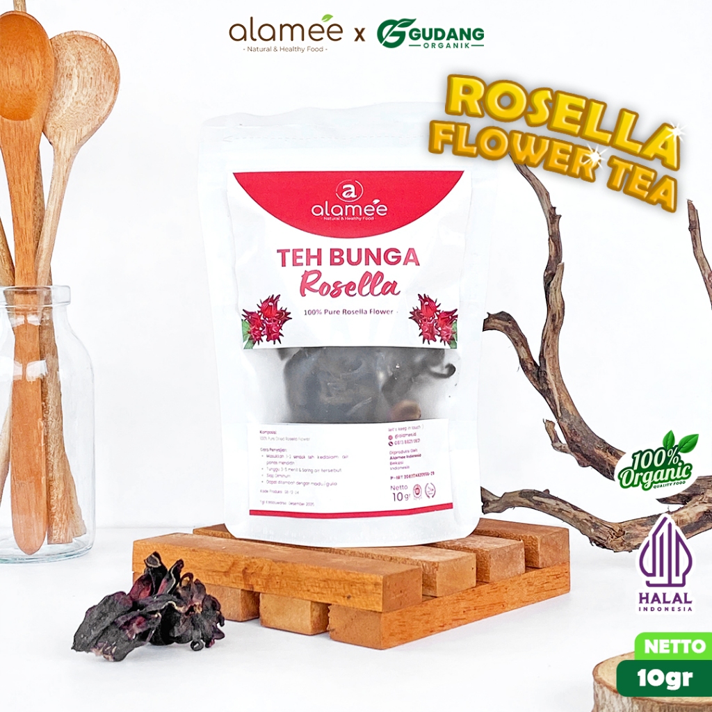

alamee teh bunga rosella dengan kemasan 10 gram hadir dengan kualitas premium dan warna merah