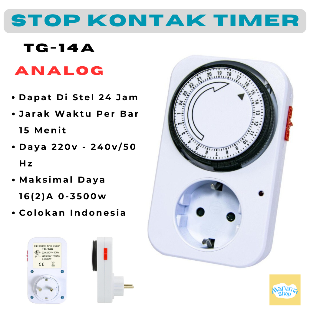 Stop Kontak Timer Analog Otomatis 24 Jam Colokan Listrik dengan pengatur waktu Alarm TG-14A