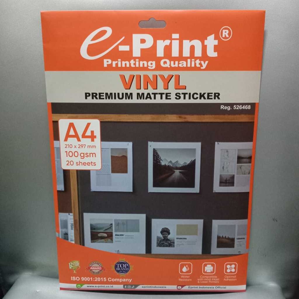 

Stiker Vinyl e-Print Premium Matte Sticker A4 100gsm 20sheets Water Resistant Doff bisa di Inkjet / Laser Printer
