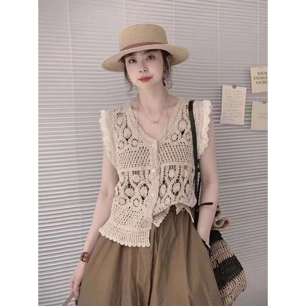 Rompi Rajut Lengan Ruffle V-Neck Gaya Korea Elegan
