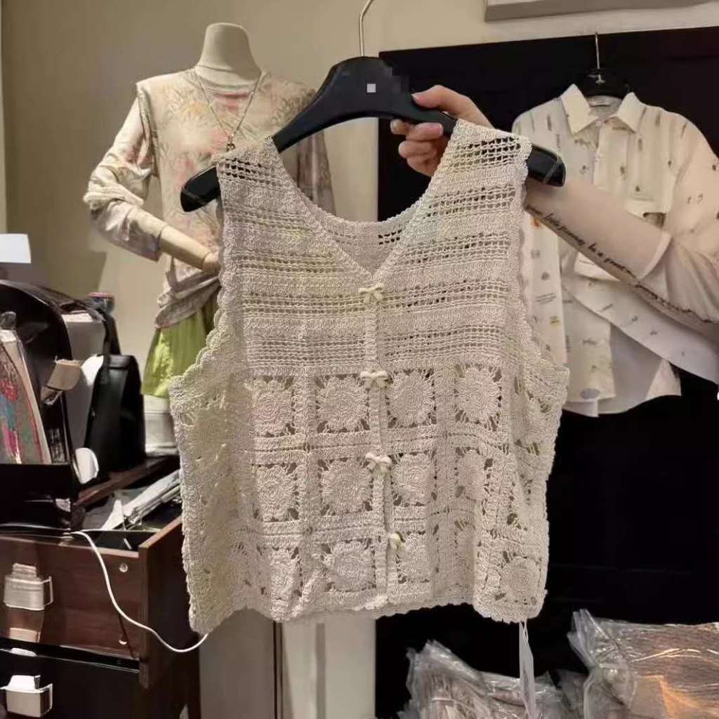 Rompi Rajut Motif Bunga Vintage Tanpa Lengan