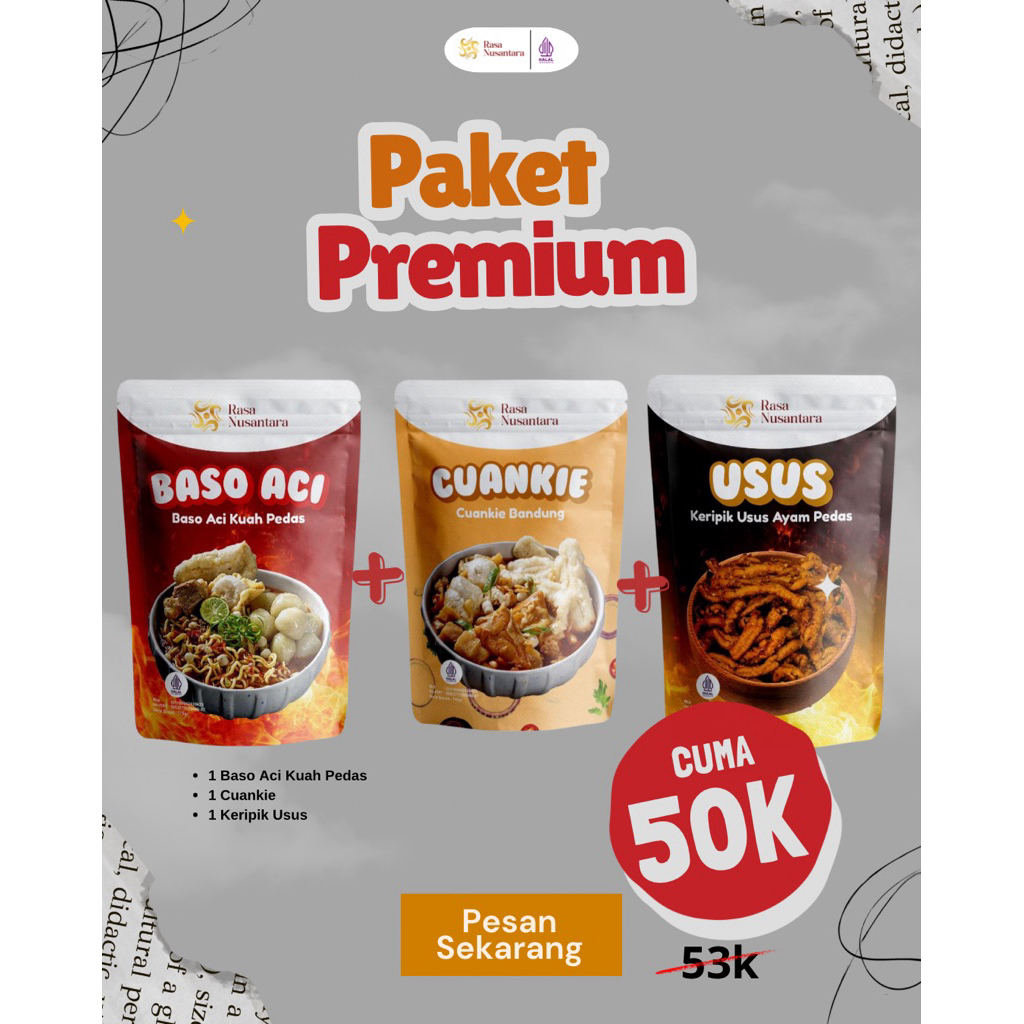 

Paket Premium | Rasa Nusantara Snack | Baso Aci Kuah Pedas, Cuankie, Keripik Usus Ayam Pedas