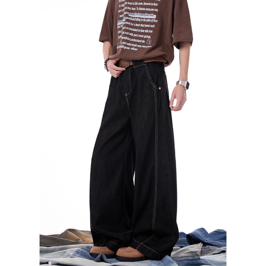 Celana Jeans Unisex Korean Hitam Washed Vintage - Bahan Elastis Gaya Distro, Longgar Cut Sabit Panja