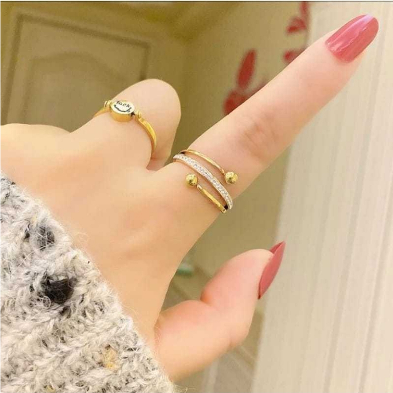Cincin Permata Boba Lilit 2 Layer Kekinian | Cincin Titanium Gold Wanita Elegan Viral Trendi Fashion