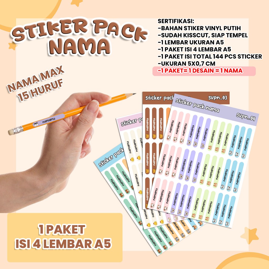 

[1 Paket isi 4 LEMBAR A5] STIKER NAMA / Stiker Pack Nama untuk PENSIL, PULPEN, ATK, ALAT TULIS, DLL / BAHAN VINYL TAHAN AIR / CUSTOM NAMA isi 144pcs 1 paket