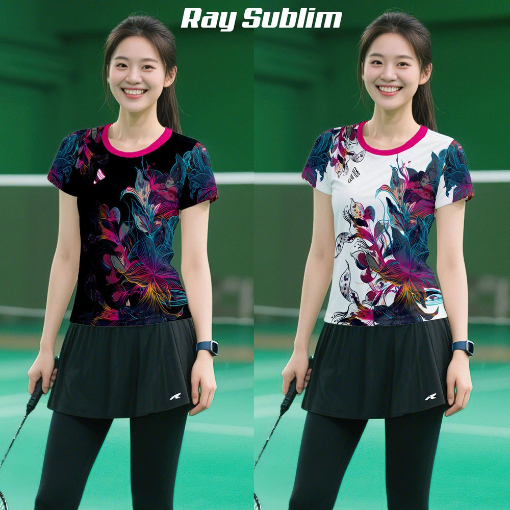 Baju Kaos Jersey Wanita Olahraga Badminton Lengan Pendek Custom Nama Motif Bunga Printing
