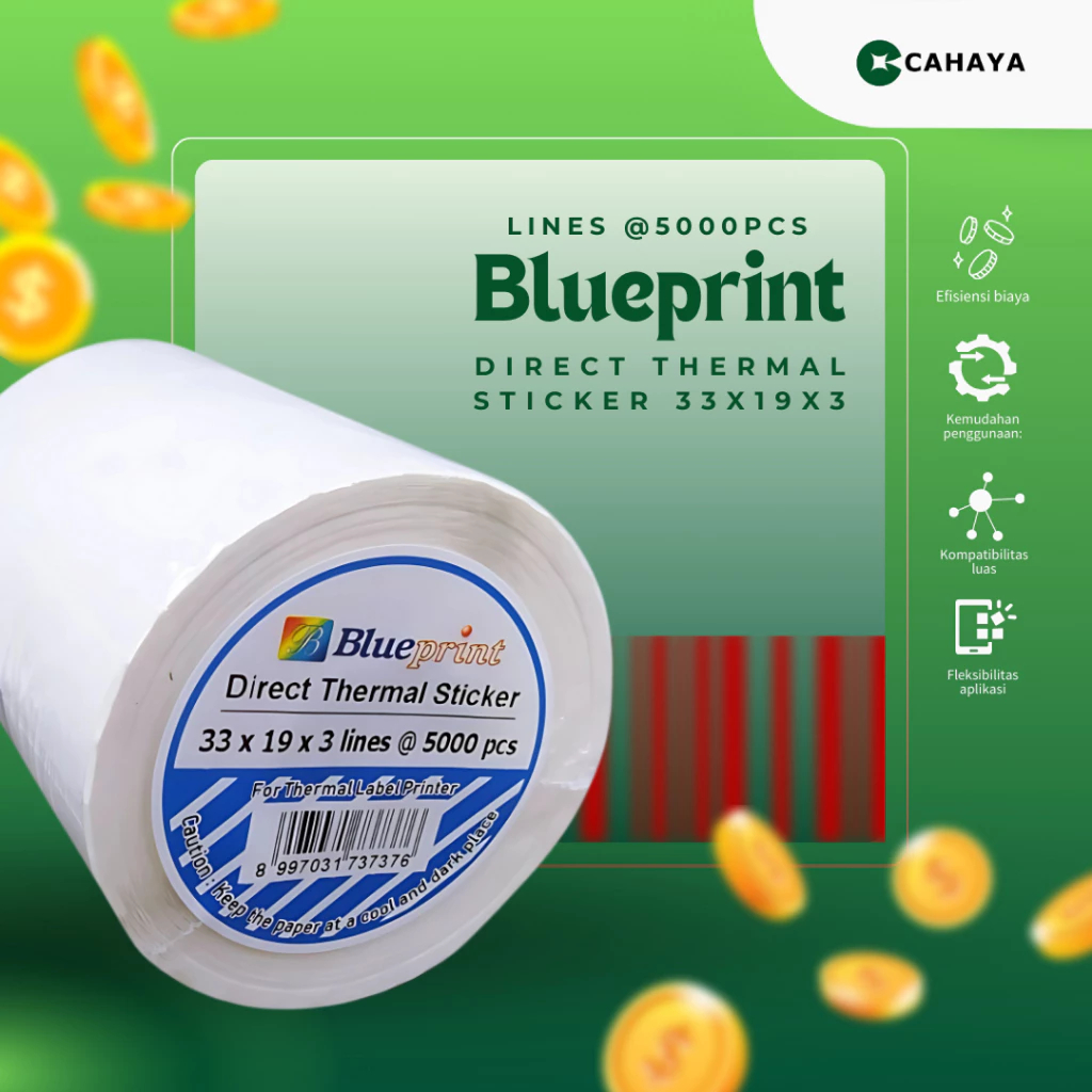 

Cahaya Blueprint LITE Direct Thermal Sticker 33x19x3 lines @5000pcs Bagus dan Banyak