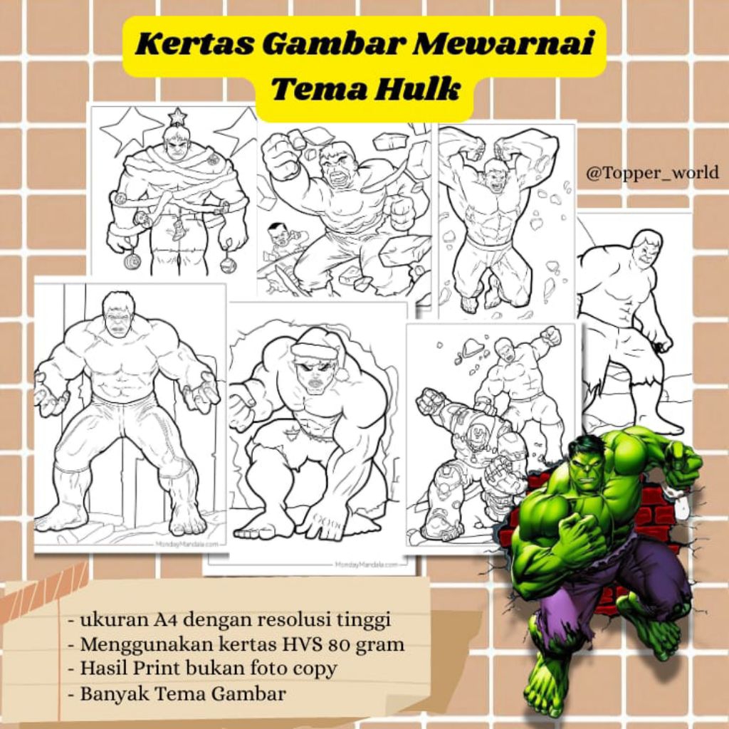 

20 LEMBAR KERTAS MEWARNAI ANAK TEMA HULK (READY LANGSUNG KIRIM)
