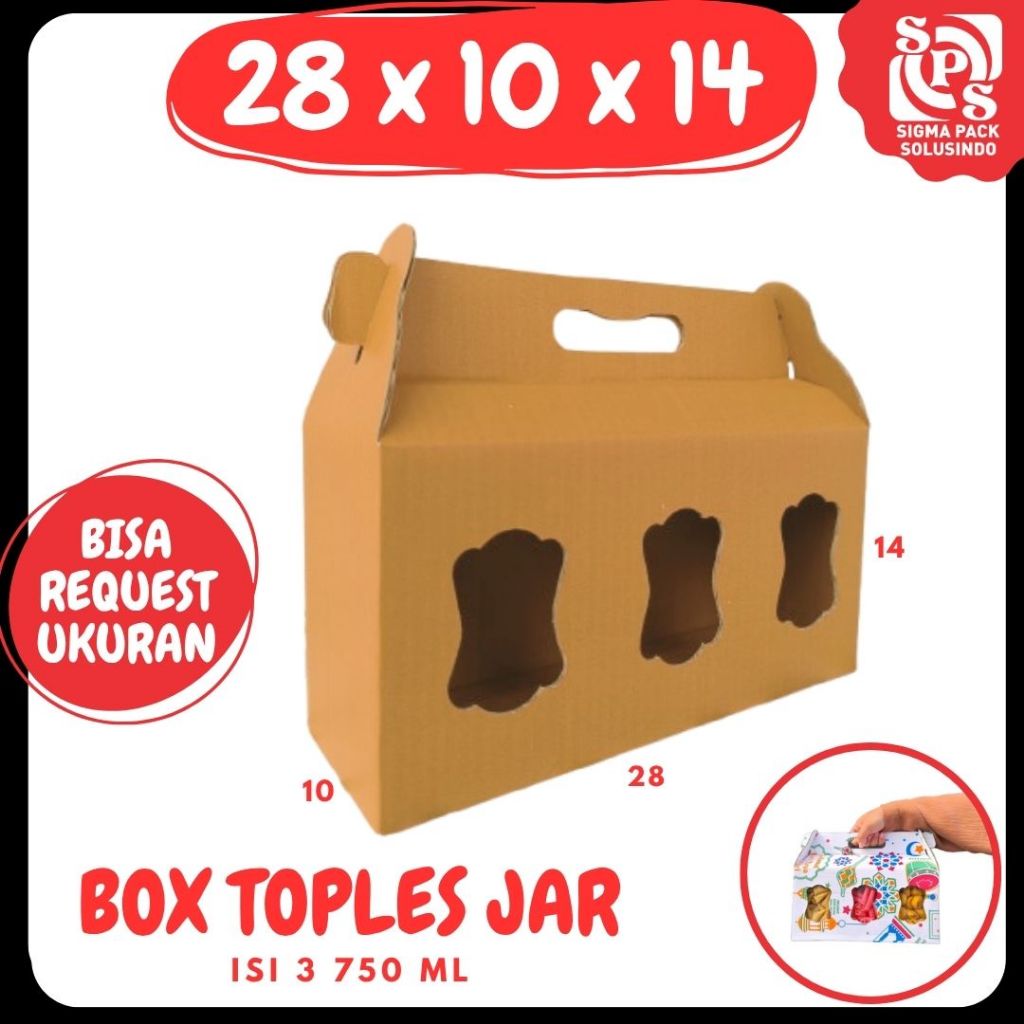 

Box Kue Kering 28x10x14 Jinjing (KUKER TOPLES JAR 750ml ISI 3) Box Jinjing Kardus Lebaran Idul Fitri Hampers Polos/Motif