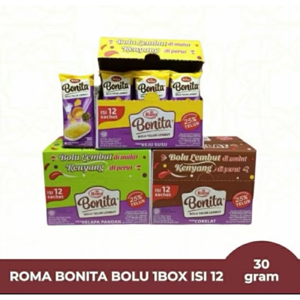 

Bolu Bonita Kelapa Pandan | Bolu Bonita Keju Susu | Bolu Bonita Cokelat 30grx12Pcsx6Box (72 pcs)