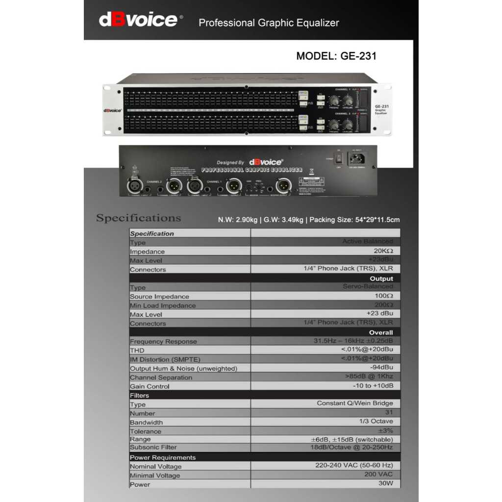 Equaliser DB Voice GE 231 Graphic Subwoofer Original Equalizer DbVoice Ge231