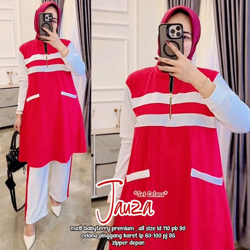 Jauza Set Celana Sporty Set Celana Atasan Tunik Wanita Motif Merah Putih