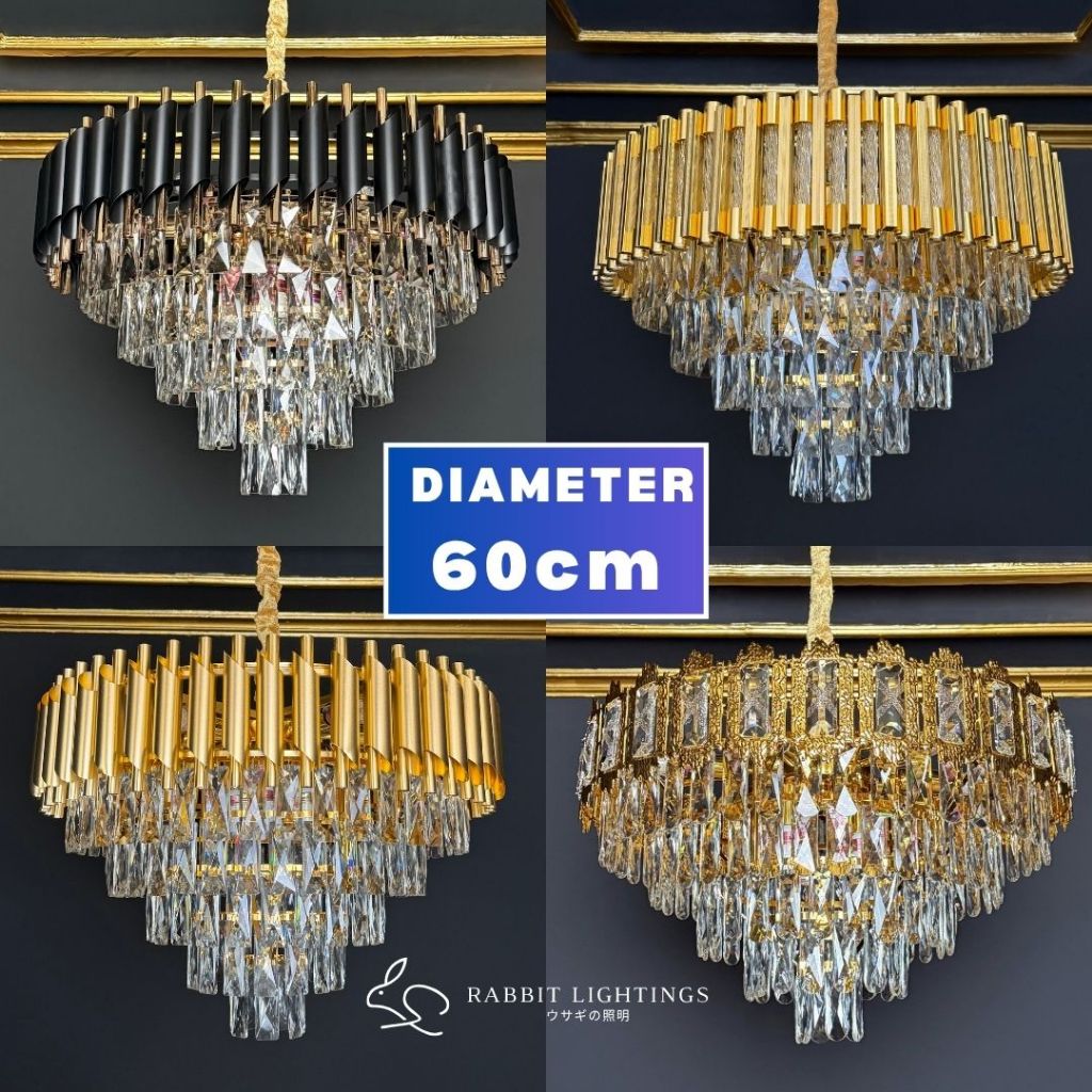 RABBIT Lampu Kristal Gantung Chandelier Gold 60cm - 3 Warna Cahaya Dekorasi Lampu Ruang Tamu & Kamar