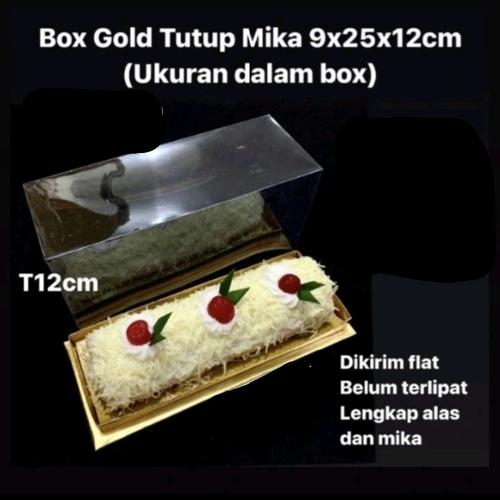 

Box Gold Tutup Mika 9x25x12cm (Ukuran dalam box) Kotak Hampers Bolu Gulung Transparan