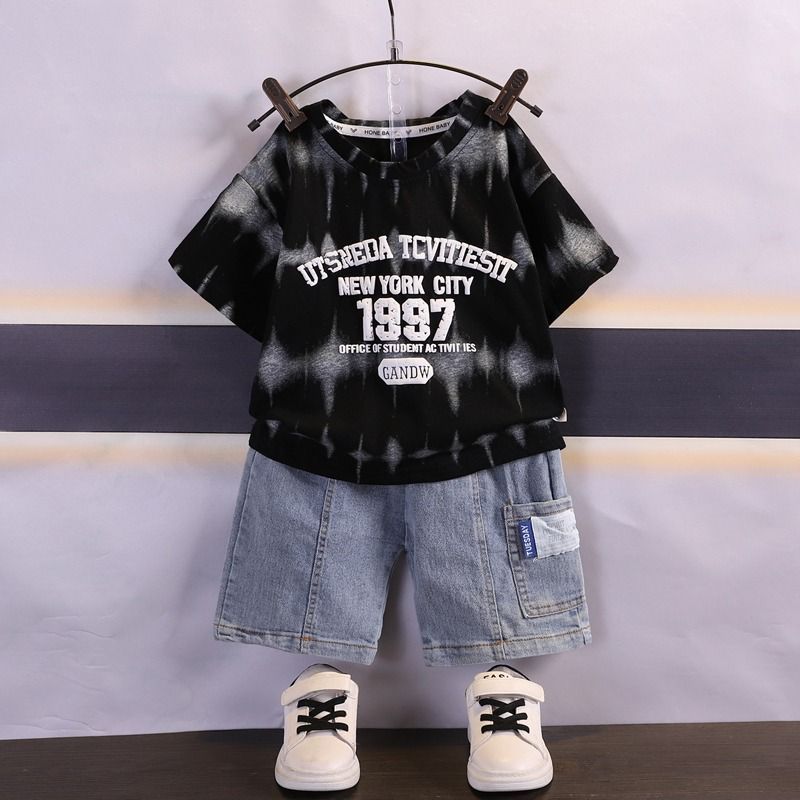 Baju Setelan Anak Cowok Kaos Printing 1997 + Celana Denim Pendek Usia 1-5 Tahun