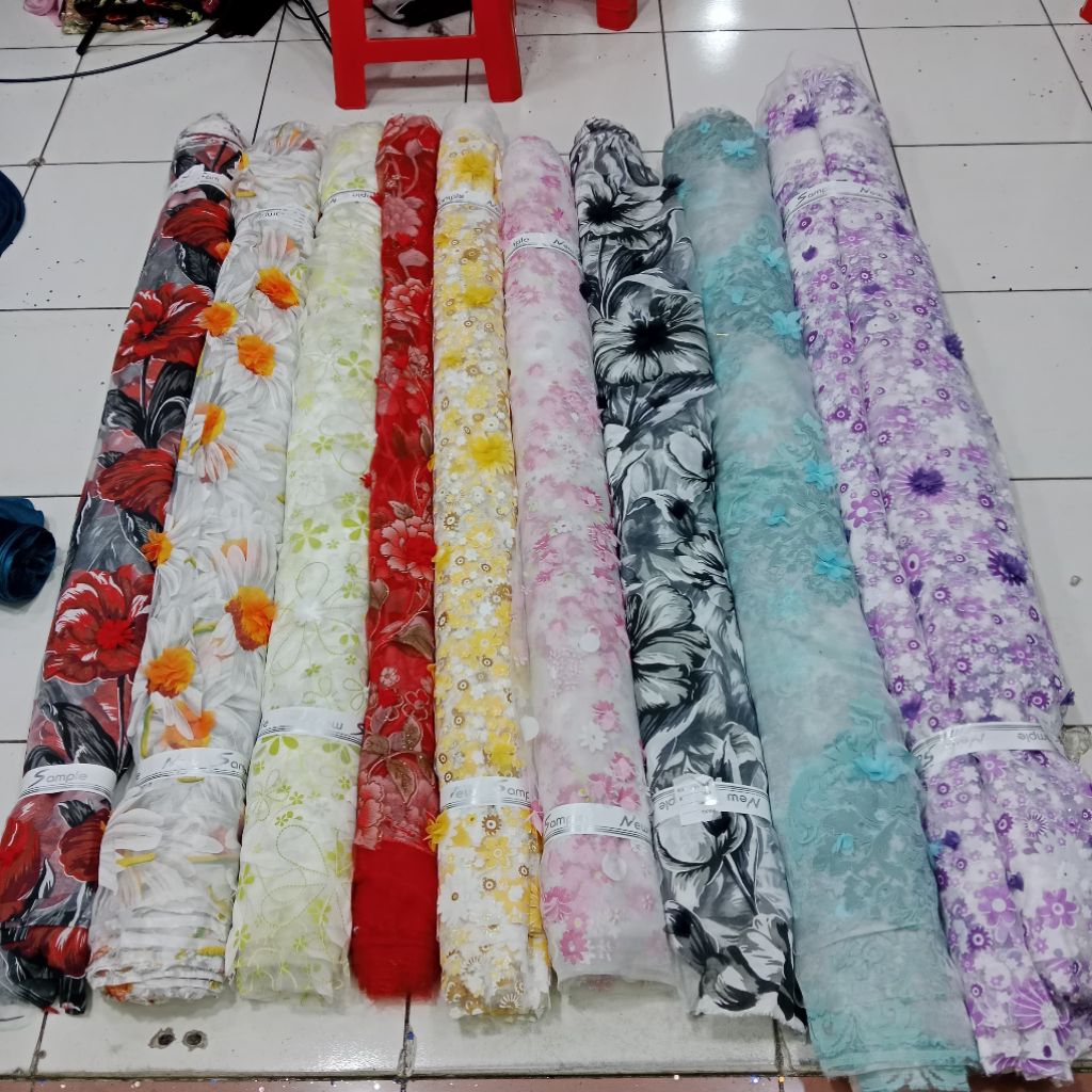BAHAN KAIN KACA ORGANZA PRINTING 3D TIMBUL BUNGA ORGANZA PRINTING MOTIF BUNGA TIMBUL