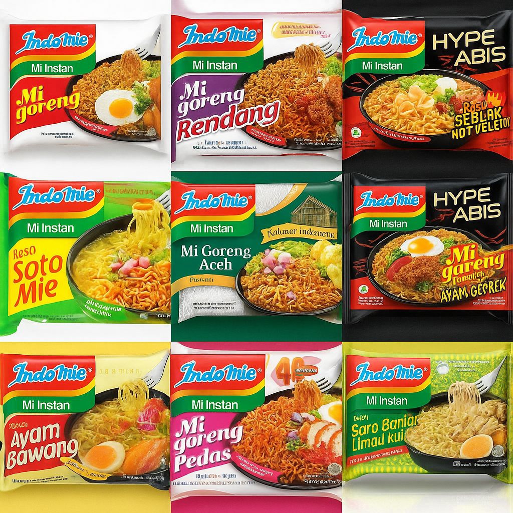 

Mie Instan Indomie Berbagai Varian—Indomie Goreng, Indomie Pedas, Indomie Ayam Bawang, Indomie Geprek, Indomie Aceh, Indomie Soto Mie, Indomie Seblak, Indomie Rendang, Indomie Soto Banjar kuit