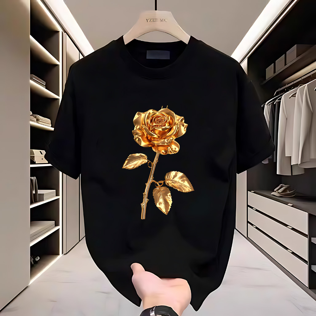 【kaos pria original】Kaos Hitam dengan Hiasan Bunga Berlian iasan Bunga Emas Pakaian Berkualitas kaos