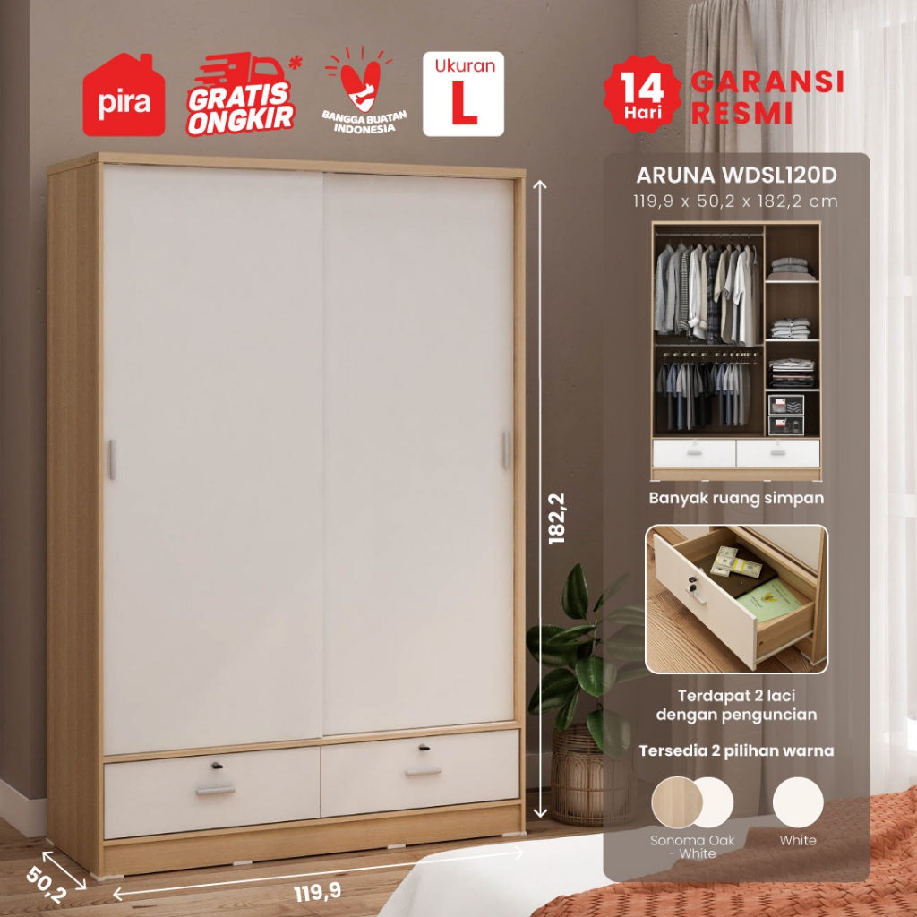 PIRA METROPOLIS OX -  ARUNA WDSL120D Lemari Pakaian Pintu Geser / Lemari Sliding dengan Laci