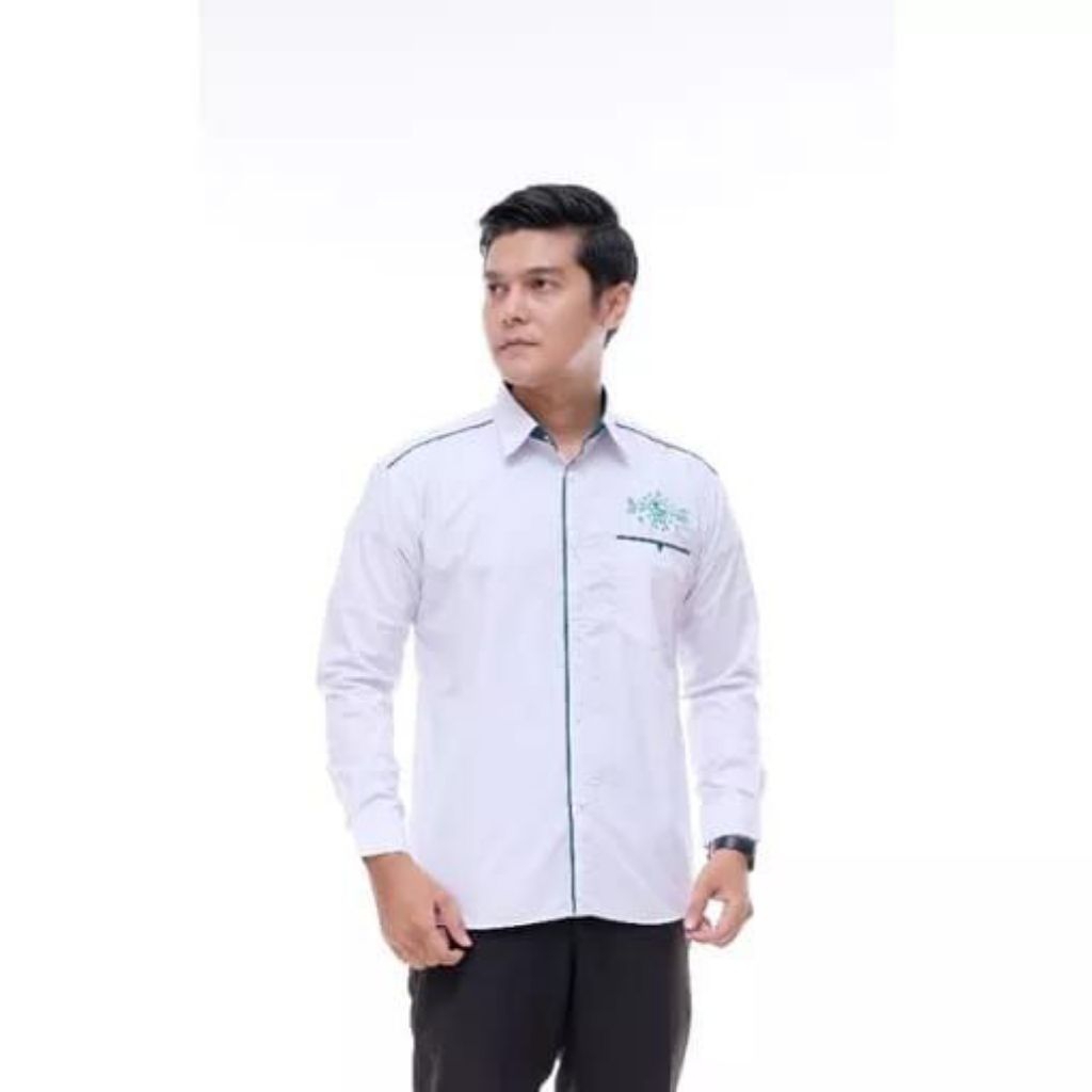 Kemeja NU Putihan Kemeja Pria Lengan Panjang Kemeja Putih List Hijau Logo NU Bordir Exclusive