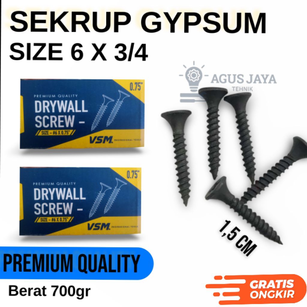 (100% TAJAM) SEKRUP GYPSUM VSM 6X0,75 /BAUT GYPSUM HITAM /SEKRUP LANCIP