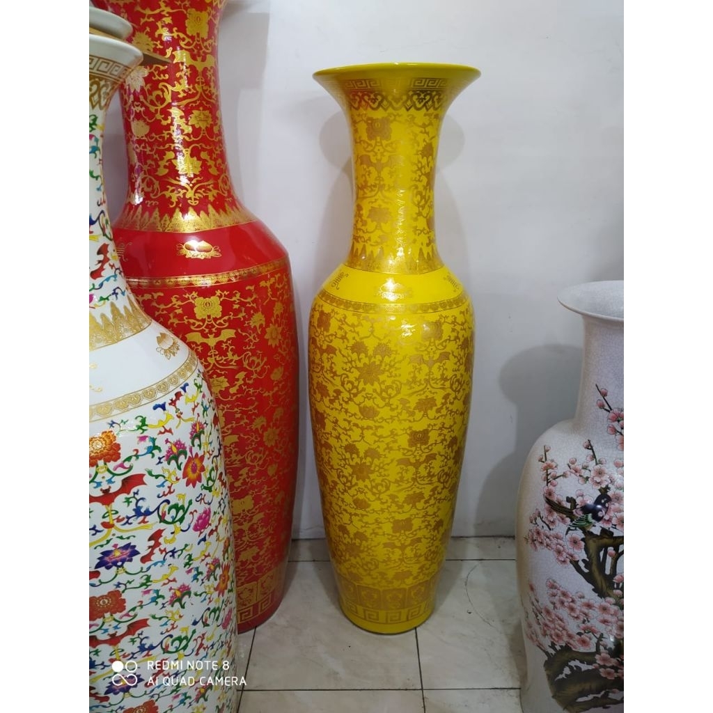 Guci kuning gold kansai motif bunga keramik hiasa sudut/1 pc guci vas keramik import Tinggi 120 cm