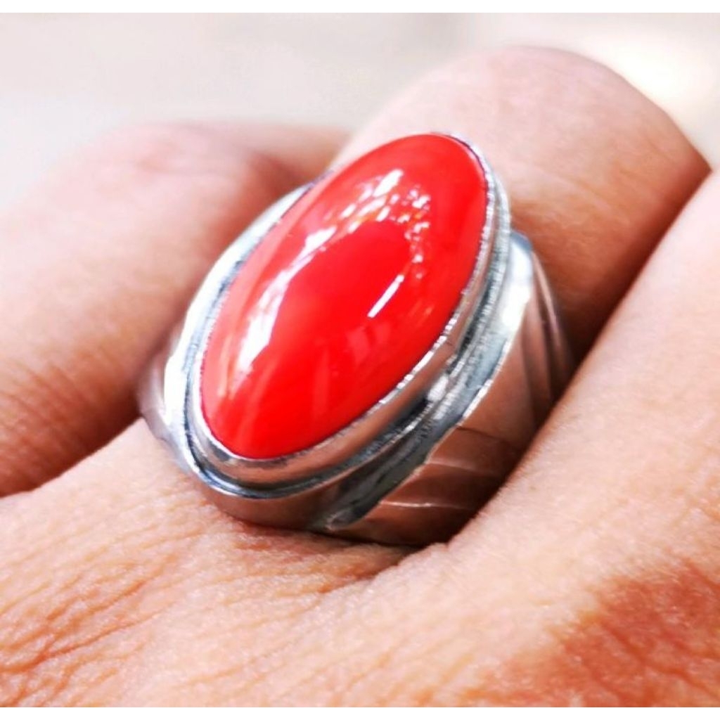 Cincin batu akik Red marjan coral pandan (Ring Monel)