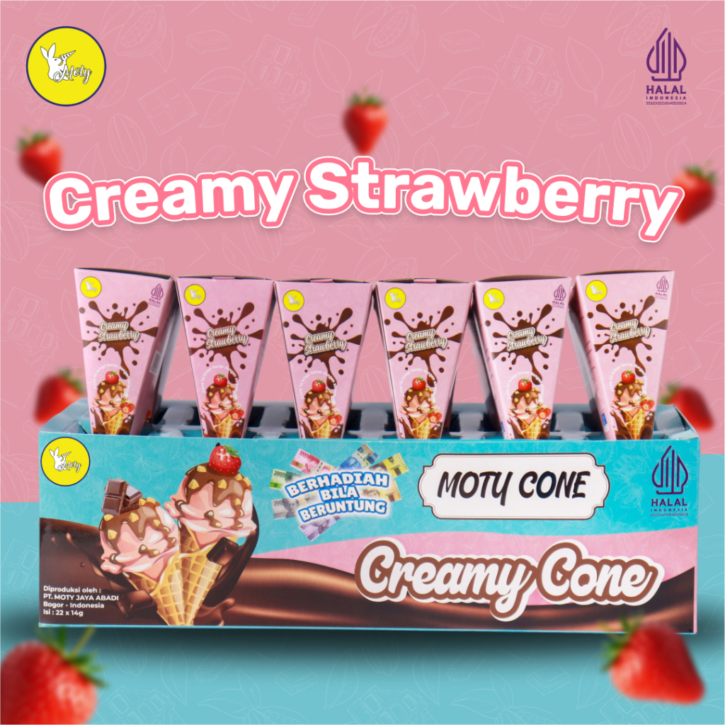 

Moty Cone Wafer Creamy Strawberry 1 Box Isi 22 pcs