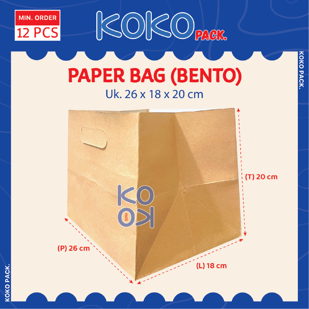 

(isi 12pcs) Paper Bag Kraft Bento uk. 26x18x20 cm / Tas Kantong Kertas Coklat Catering Bento Box