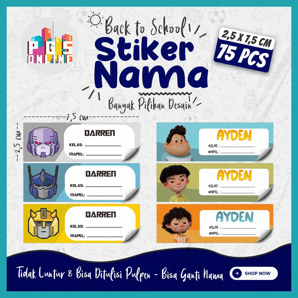 

[75 PCS] 03A - STICKER NAMA BISA DITULISI PULPEN ukuran 2,5x7,5 cm / Stiker Buku Anak Mata Pelajaran Sekolah TK SD SMP / Note Book / Buku Paket / Tulis