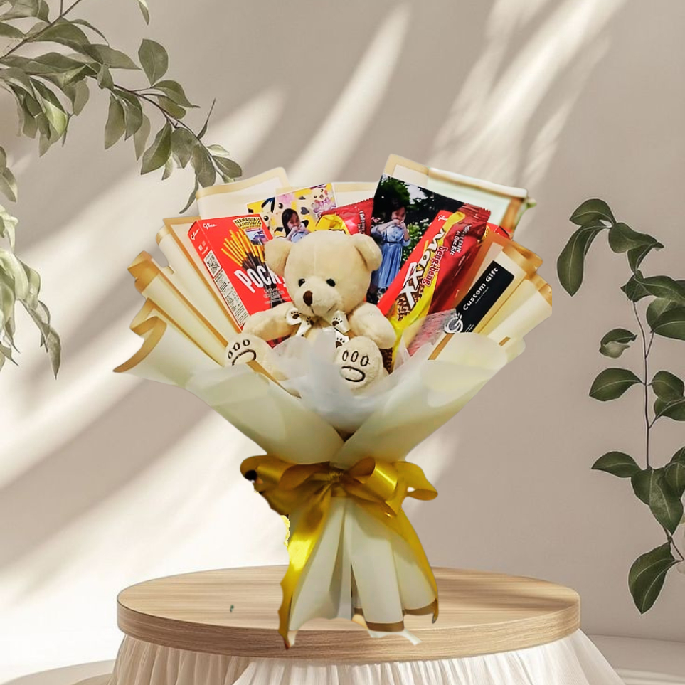 bouquet boneka Gift – Buket Snack & Boneka Lucu Custom Foto