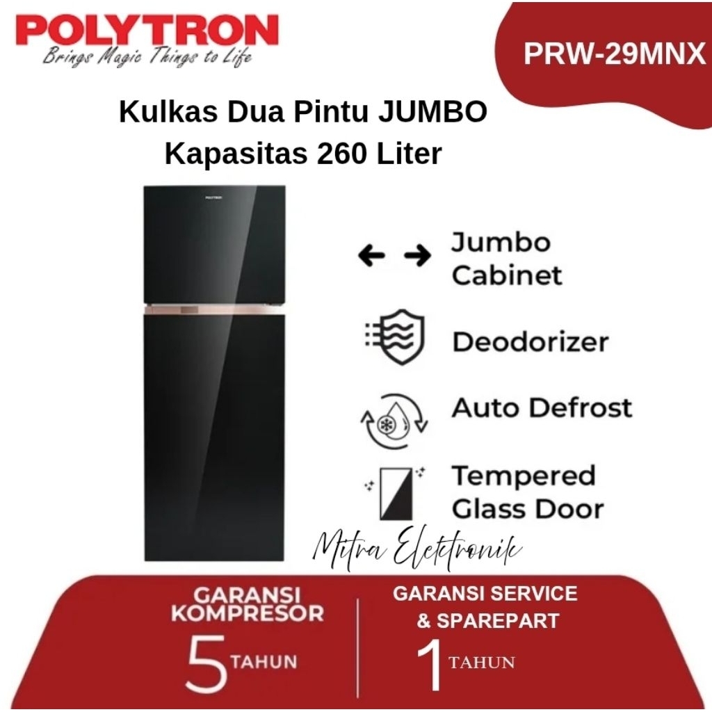 Kulkas Dua Pintu Polytron Pintu Kaca PRW-29MNX Kapasitas 260 Liter Garansi Resmi / Polytron Kulkas 2