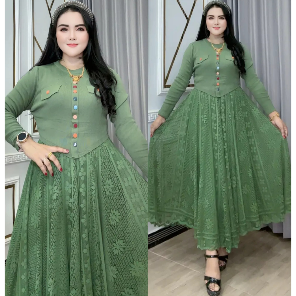 Rajut Misora | Midi Dress Rajut Kombinasi Brukat | Kancing & Saku Hias | Lengan Panjang | Bawah Mayu