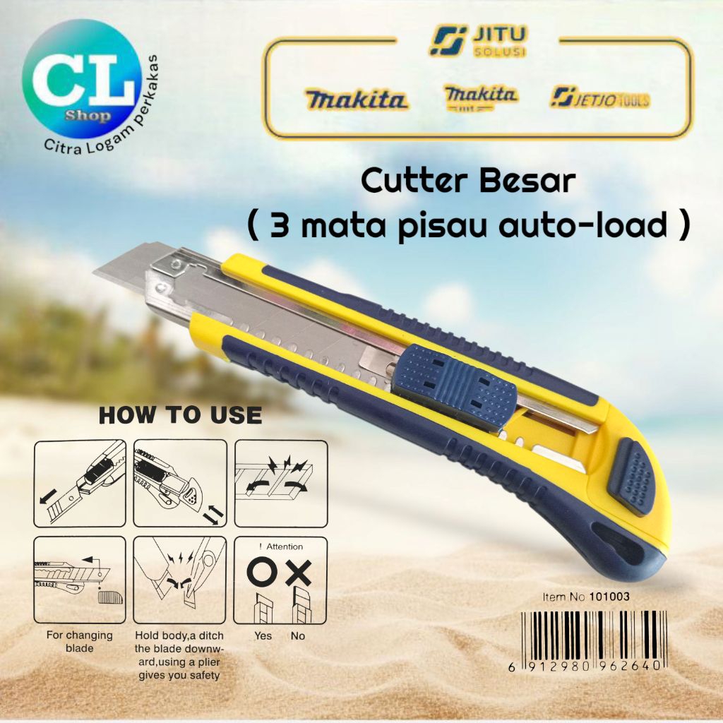 

CUTTER BESAR 18mm AUTO-LOAD jetjo L-500 3 mata pisau otomatis refill