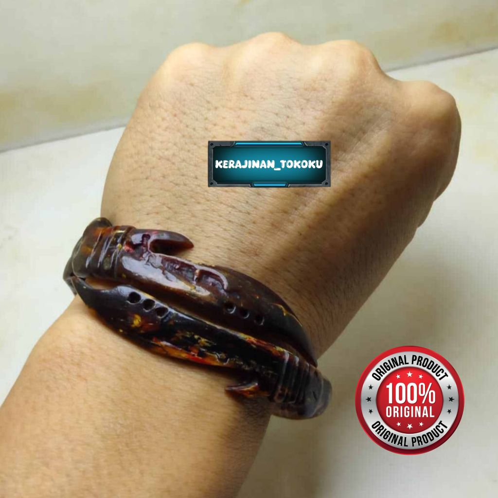 Gelang akar bahar merah Asli tembus cahaya Ukir kujang kembar original