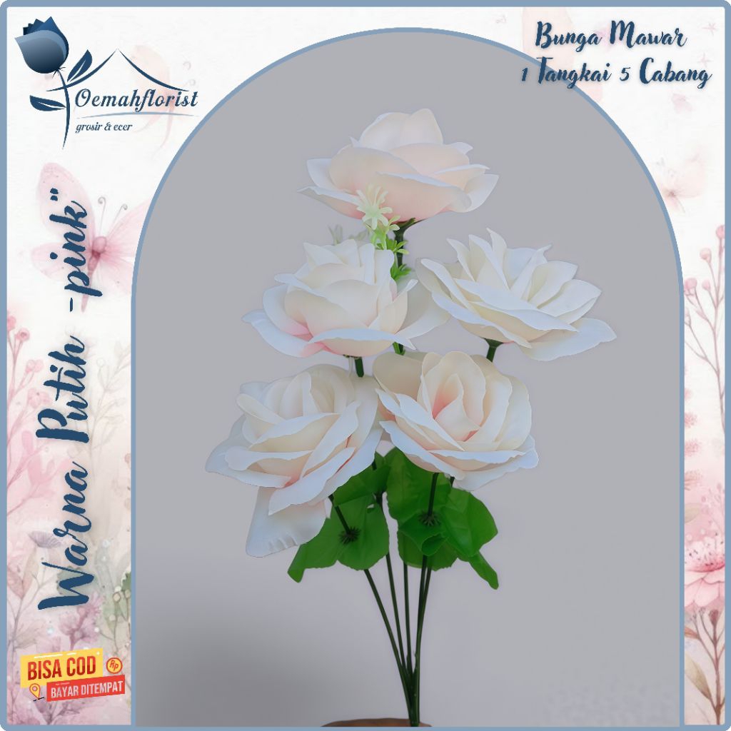 (12 Tangkai )Bunga mawar 1 tangkai 5 cabang warna putih ke pink pink bunga mawar dekorasi pelaminan 
