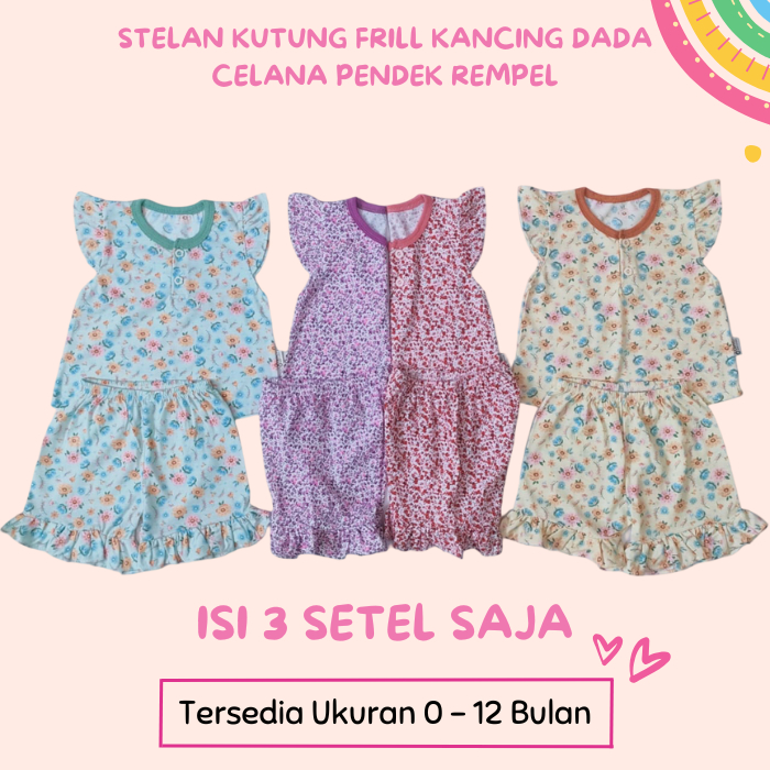 CAINITO 3 STEL SETELAN BAJU KAOS KUTUNG FRILL RUFFLE / REMPEL KANCING DADA & CELANA PENDEK RUFFLE AN