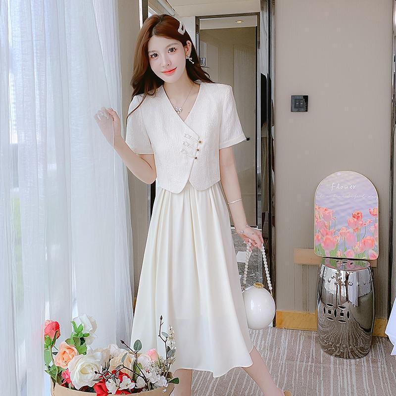 Dress Putih Anggun Lengan Pendek Wanita Elegan Korean Style Midi Dress Simpel Kekinian - dress korea