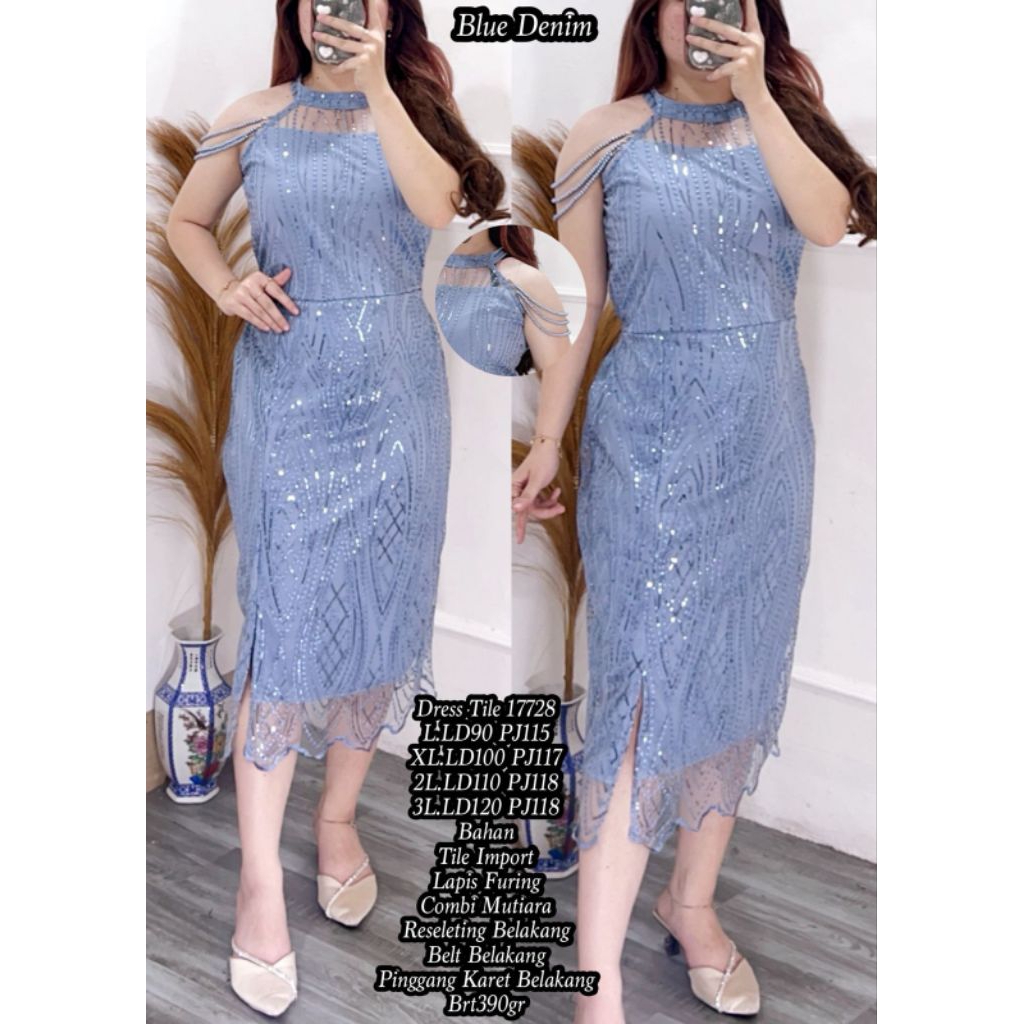 DRES TILE 17728 BLUE DENIM Casual Wanita Gaun Pesta Pendek Dewasa Midi Kondangan Remaja