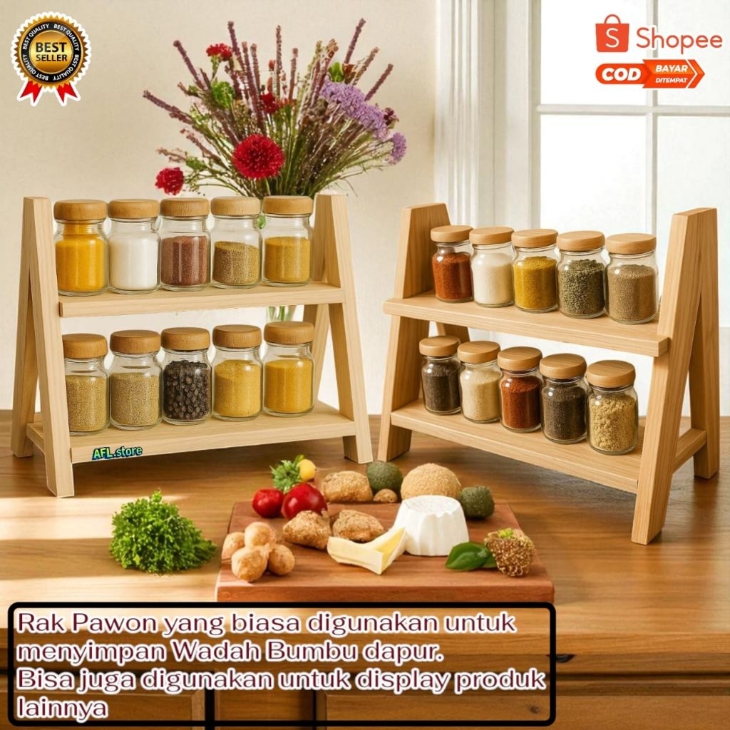tempat bumbu dapur kayu/rak bumbu 2 tingkat/rak pawon/rak kayu multi pungsi