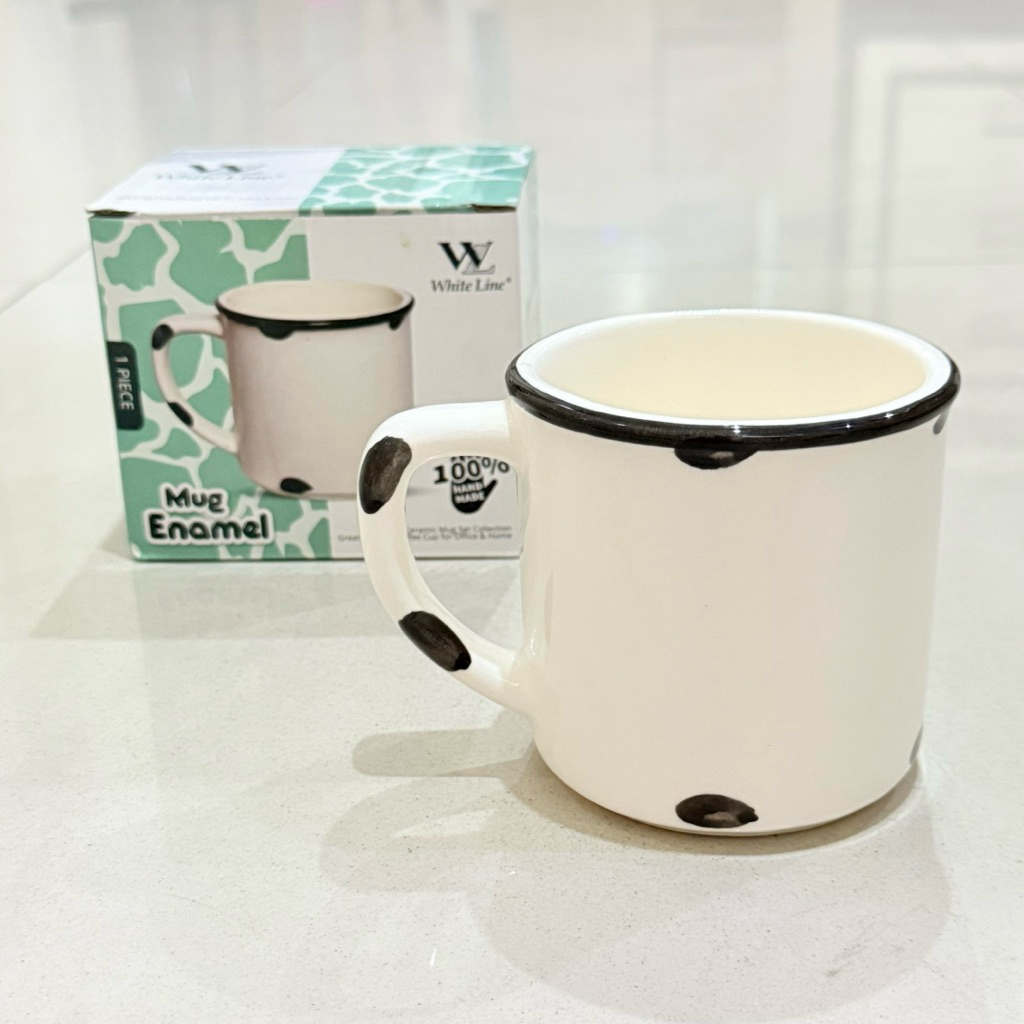 GELAS GAGANG KERAMIK JADUL MUG ENAMEL WHITE LINE SET KADO
